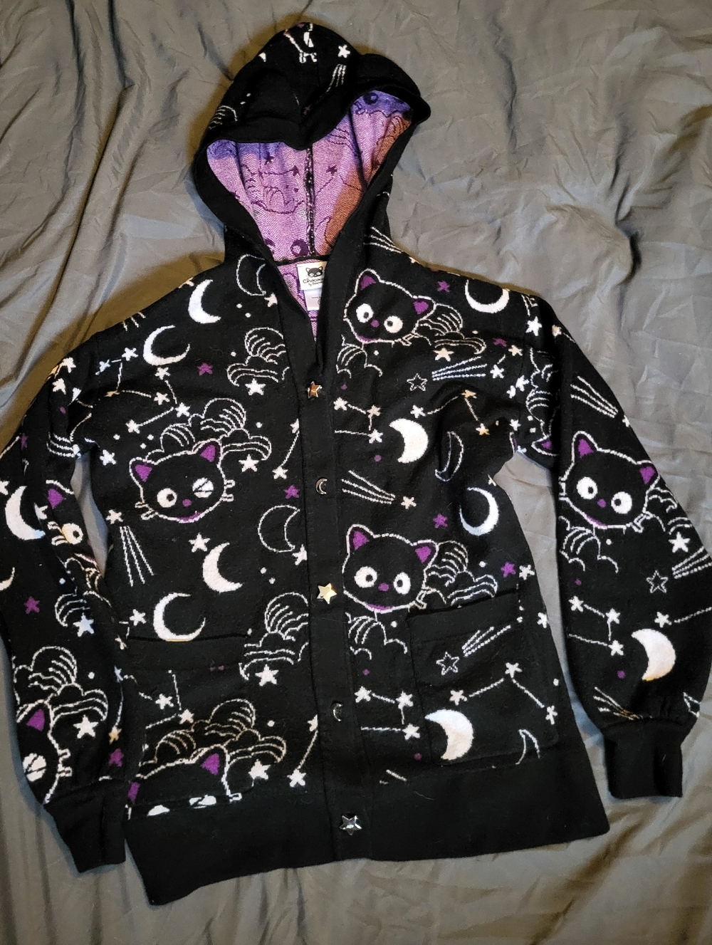 Sanrio Chocolate Black Hooded Sweater with Purple Cat & Moon Print